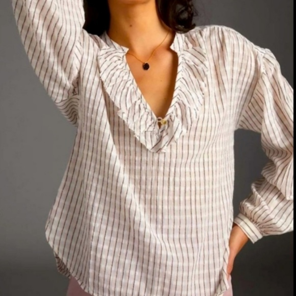 Anthropologie Pilcro “Brianna” striped ruffle neck blouse XS